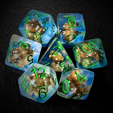 Brown Mashroom in Clear & Blue Resin - 7pcs RPG Full Dice Set
